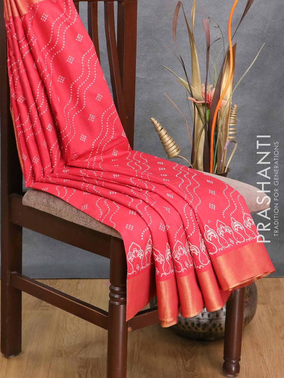 Semi bhagalpuri saree maroon with allover bandhani prints and zari woven border - Image 2