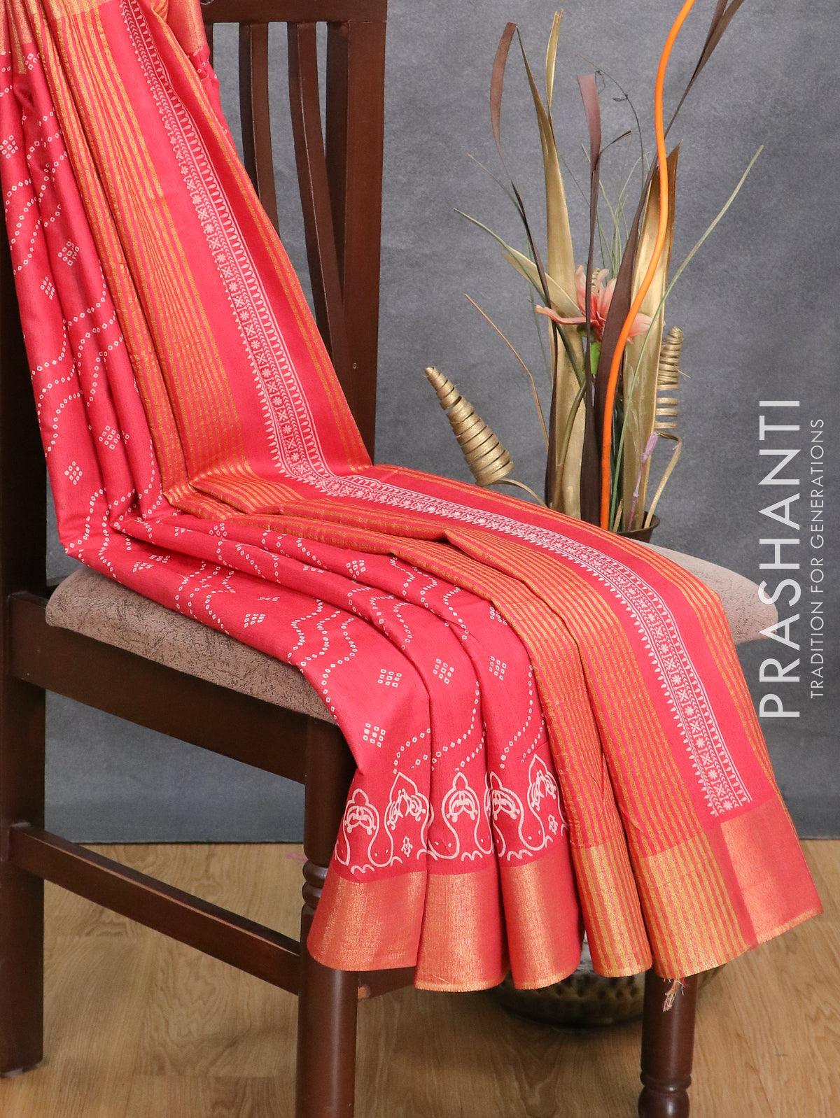 Semi bhagalpuri saree maroon with allover bandhani prints and zari woven border - Image 3