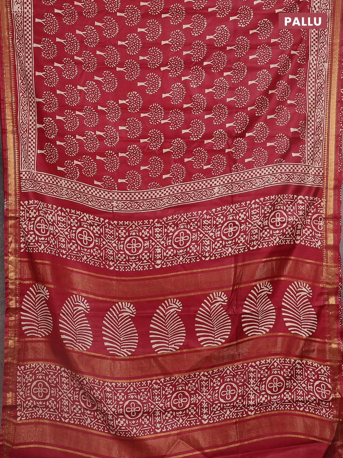 Semi bhagalpuri saree maroon with allover prints and zari woven border - Image 3