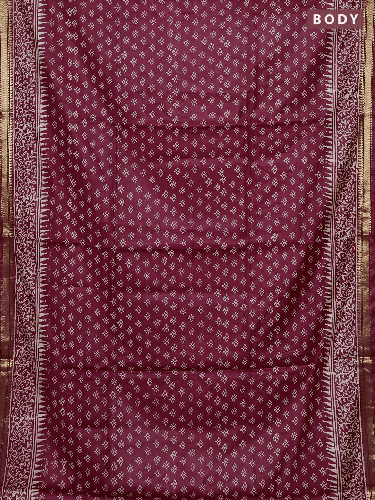 Semi bhagalpuri saree maroon with allover prints and zari woven border - Image 2