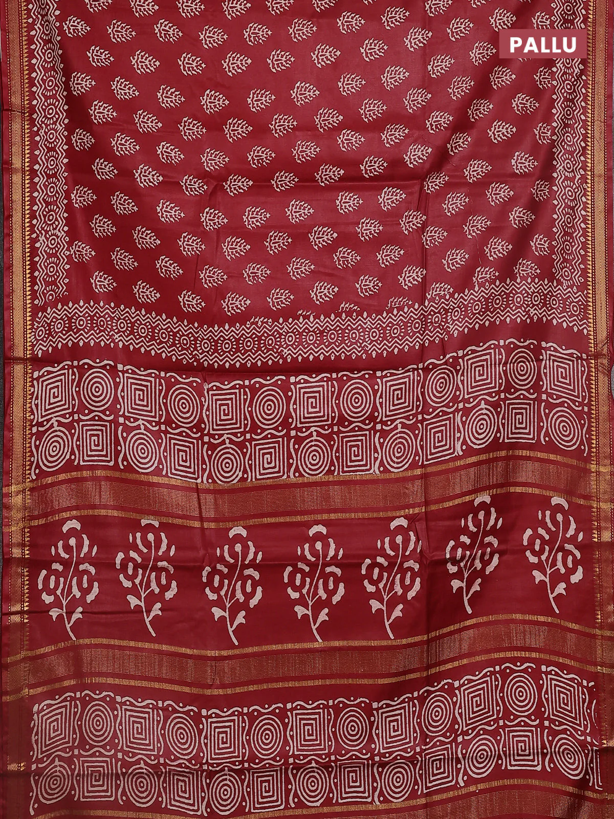 Semi bhagalpuri saree maroon with allover prints and zari woven border - Image 3