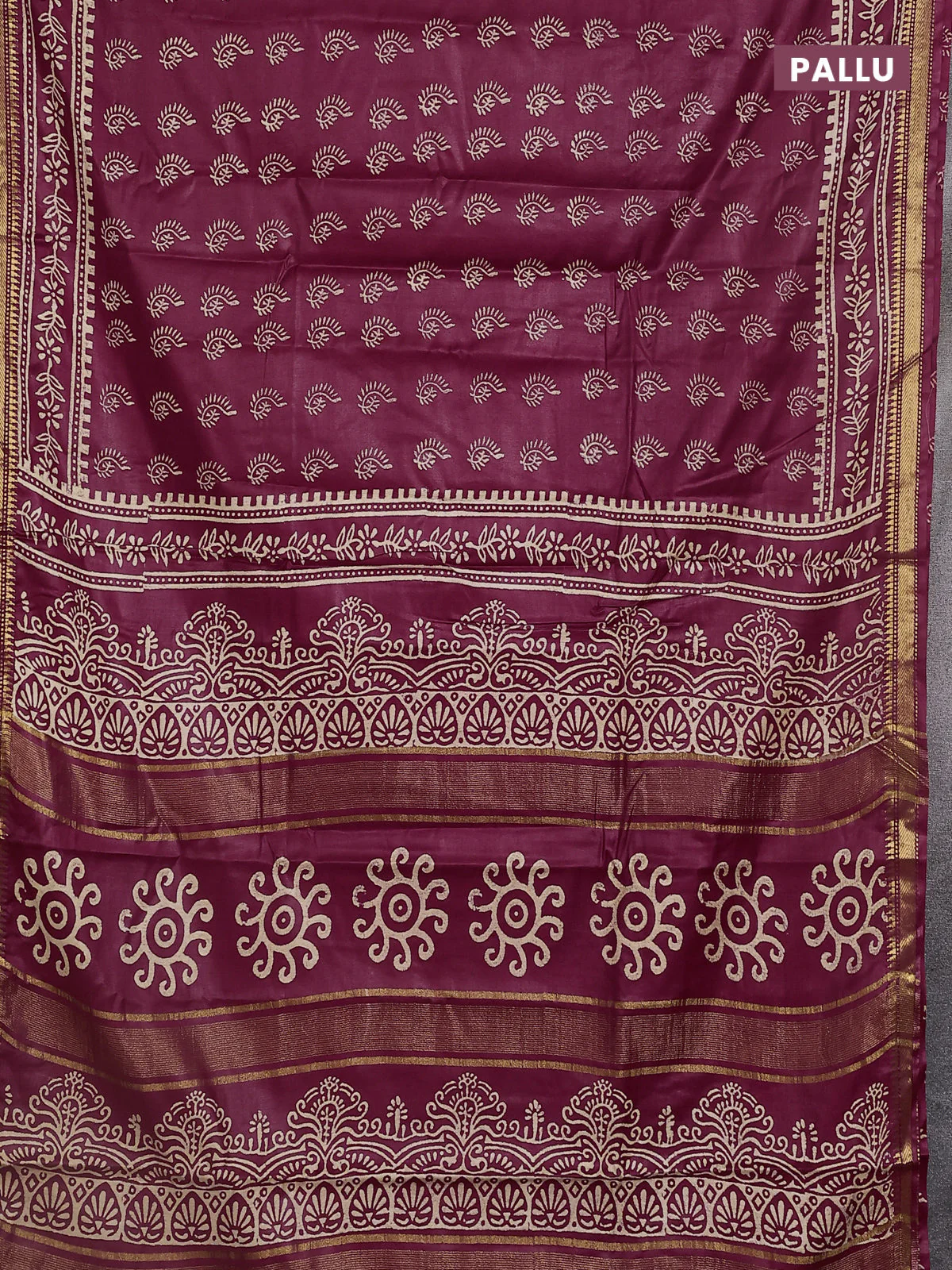 Semi bhagalpuri saree maroon with allover prints and zari woven border - Image 3