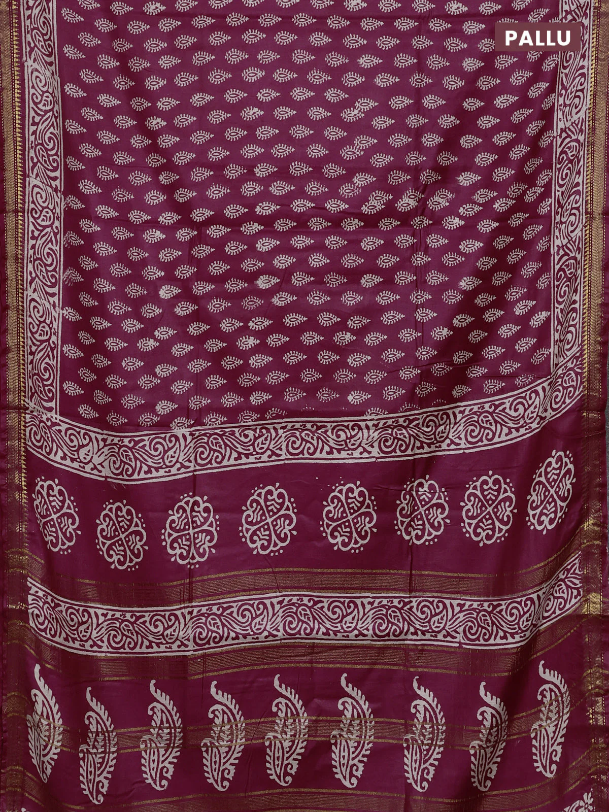 Semi bhagalpuri saree maroon with allover prints and zari woven border - Image 3