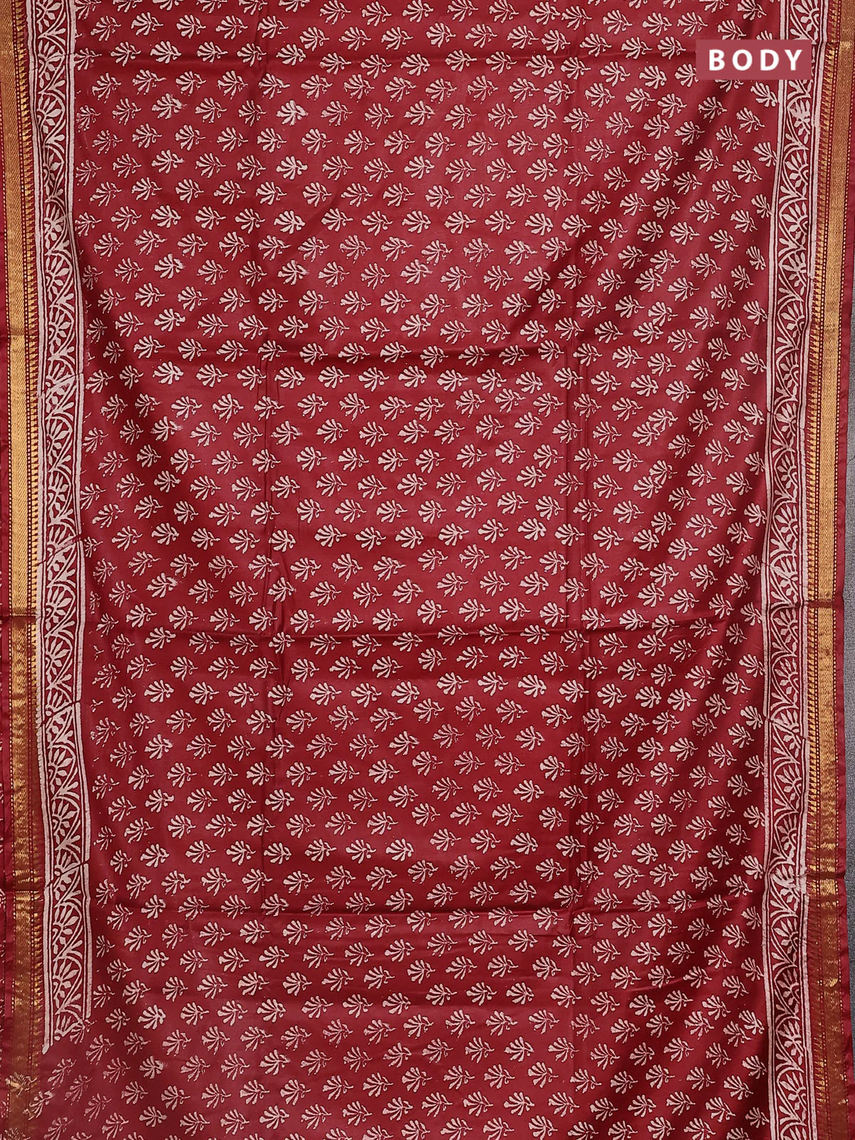 Semi bhagalpuri saree maroon with allover prints and zari woven border - Image 2