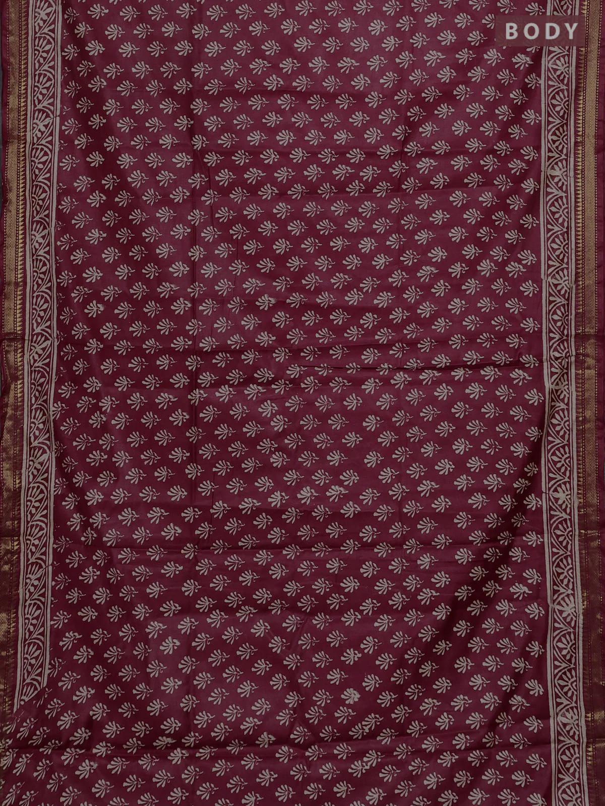 Semi bhagalpuri saree maroon with allover prints and zari woven border - Image 2