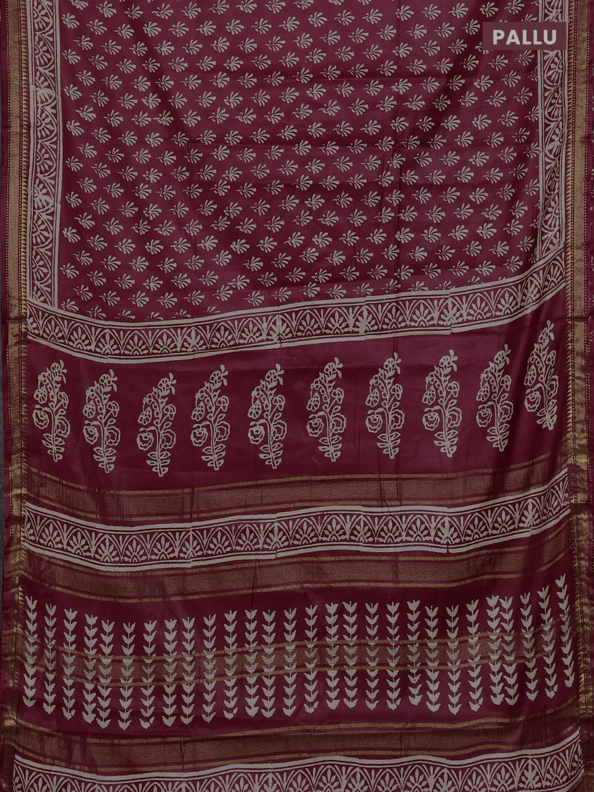 Semi bhagalpuri saree maroon with allover prints and zari woven border - Image 3