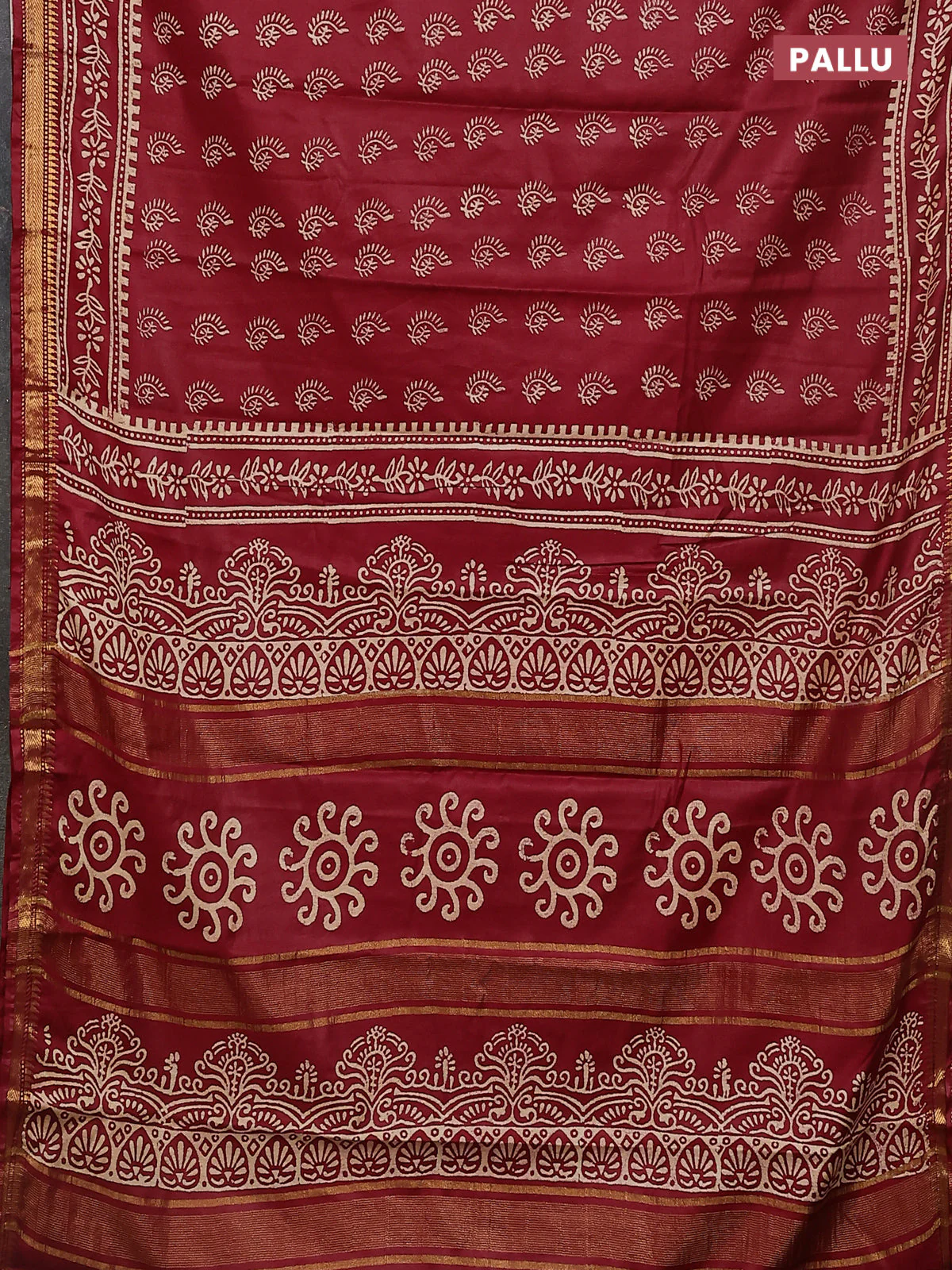 Semi bhagalpuri saree maroon with allover prints and zari woven border - Image 3