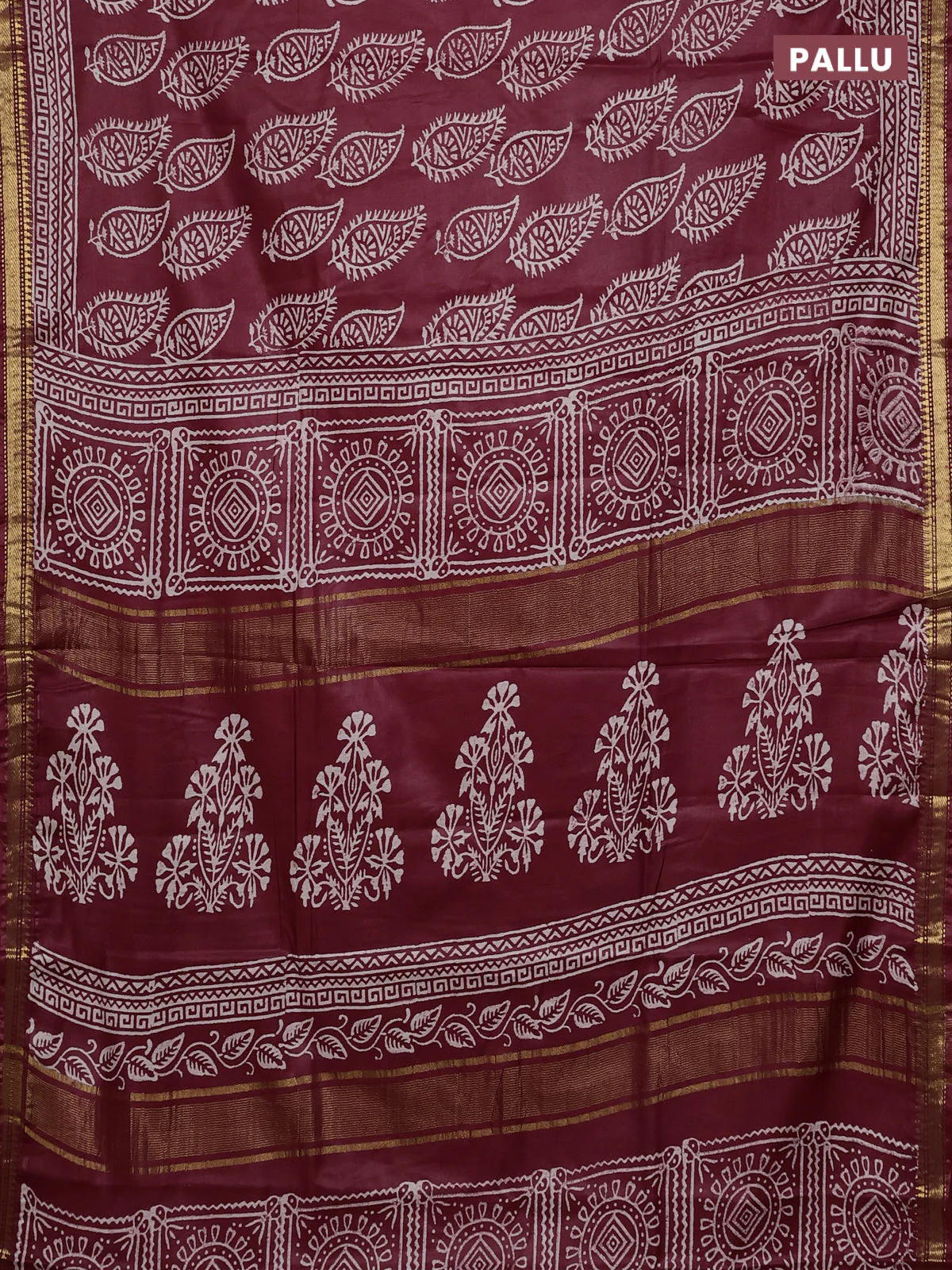 Semi bhagalpuri saree maroon with allover prints and zari woven border - Image 3