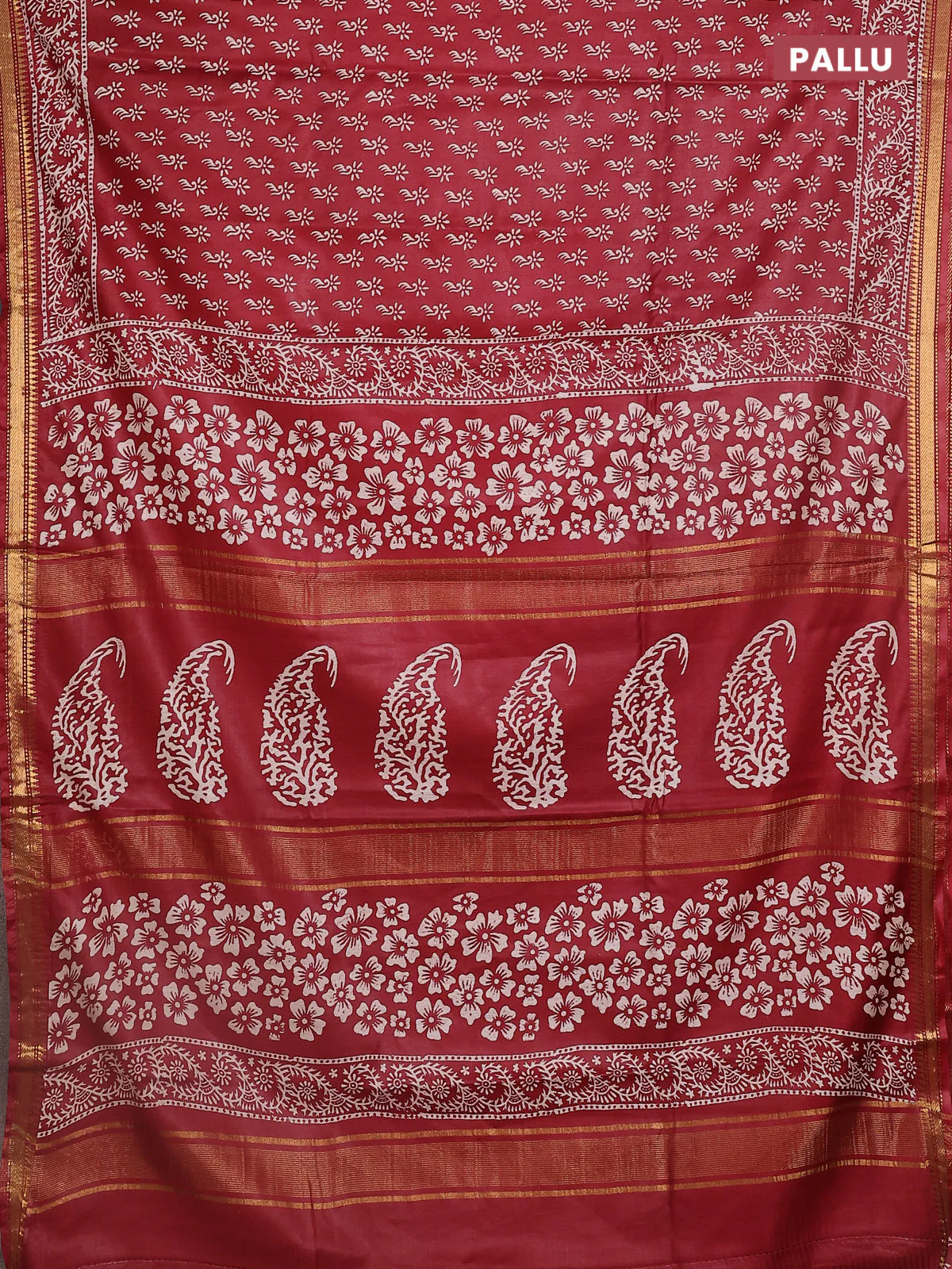 Semi bhagalpuri saree maroon with allover prints and zari woven border - Image 3