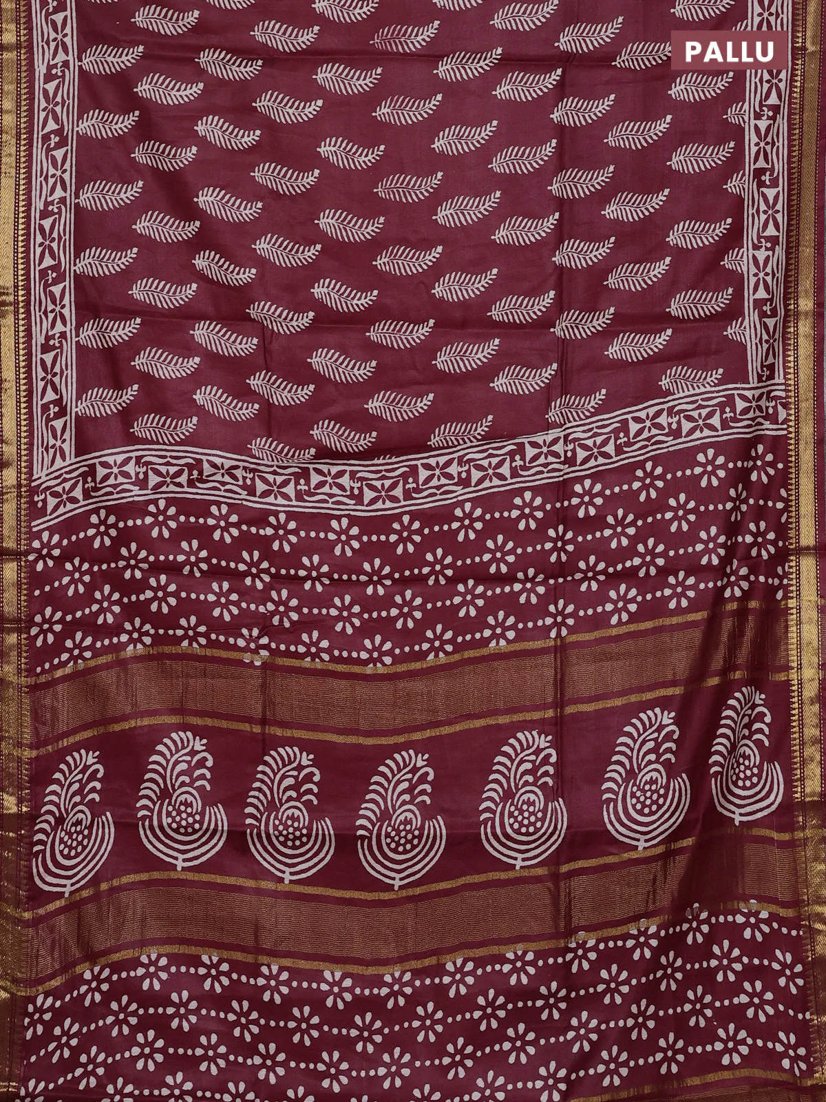 Semi bhagalpuri saree maroon with allover prints and zari woven border - Image 3