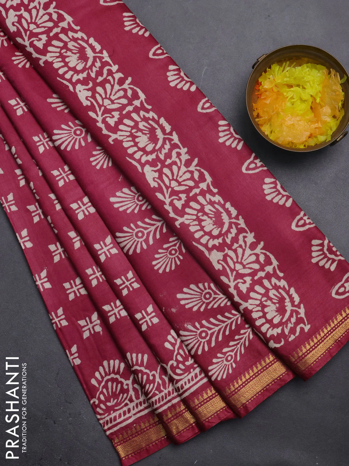 Semi bhagalpuri saree maroon with allover prints and zari woven border
