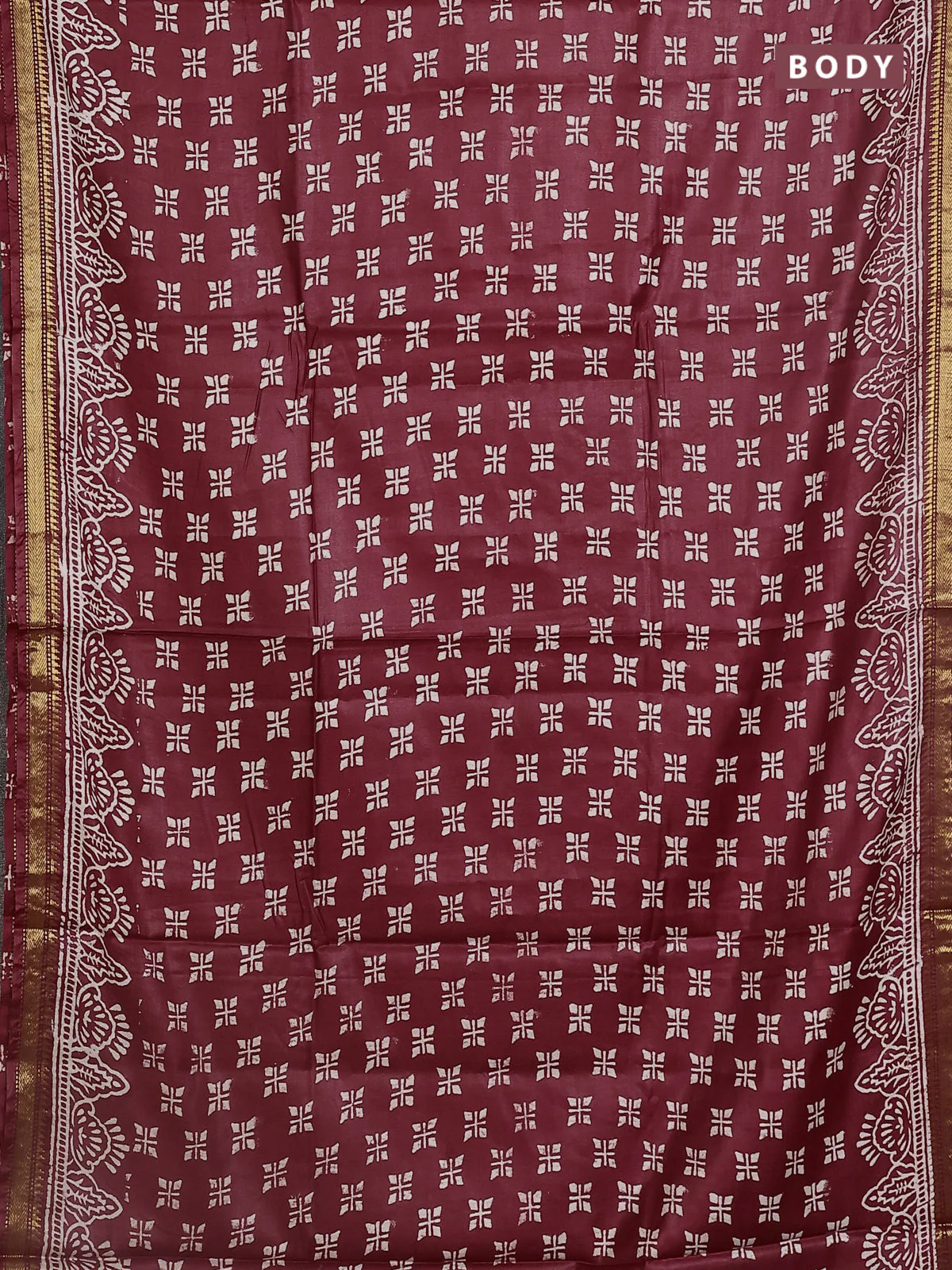 Semi bhagalpuri saree maroon with allover prints and zari woven border - Image 2