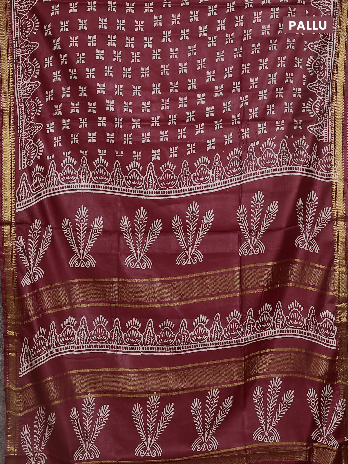 Semi bhagalpuri saree maroon with allover prints and zari woven border - Image 3