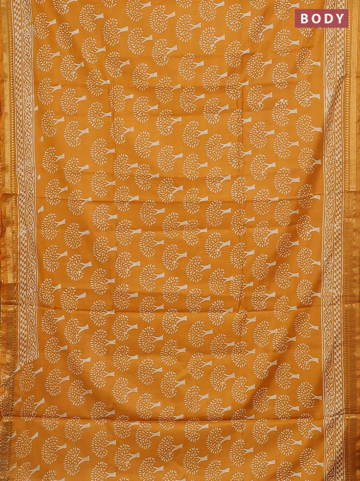 Semi bhagalpuri saree mustard yellow with allover prints and zari woven border - Image 2