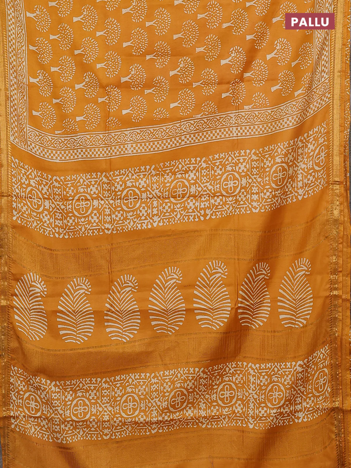 Semi bhagalpuri saree mustard yellow with allover prints and zari woven border - Image 3