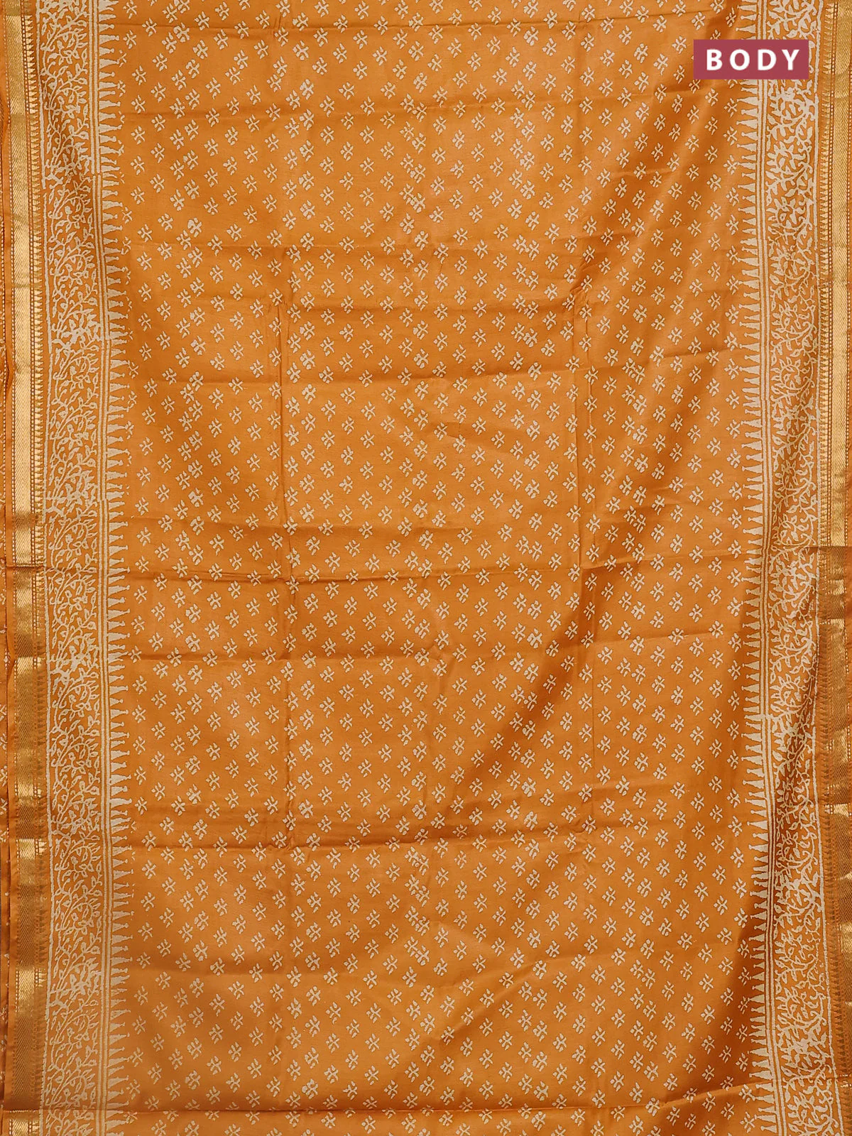 Semi bhagalpuri saree mustard yellow with allover prints and zari woven border - Image 2