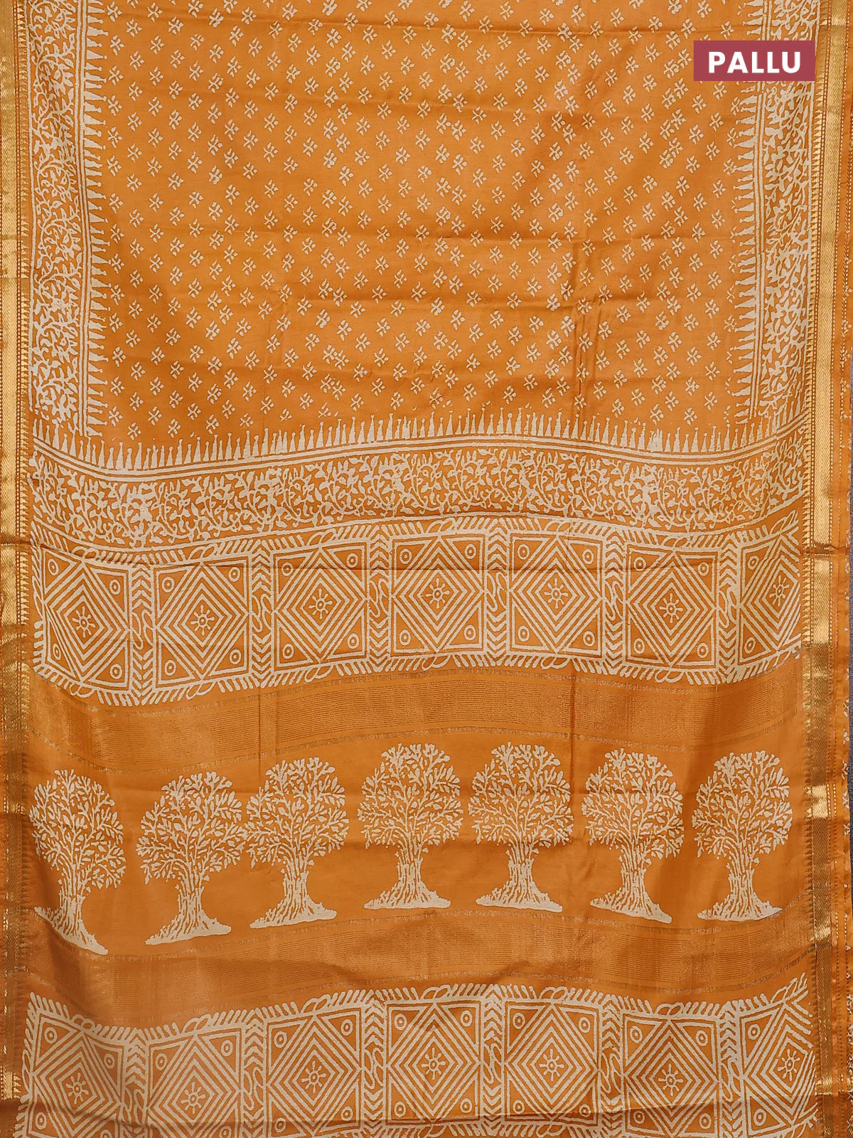 Semi bhagalpuri saree mustard yellow with allover prints and zari woven border - Image 3