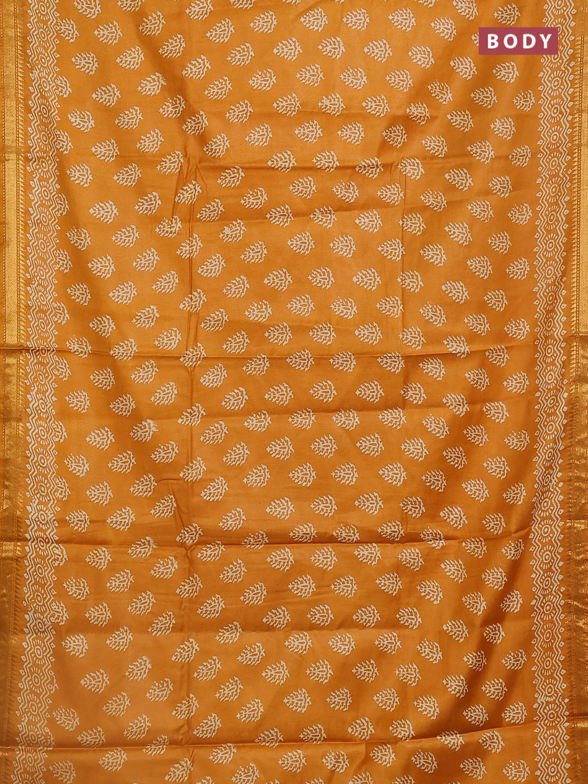 Semi bhagalpuri saree mustard yellow with allover prints and zari woven border - Image 2