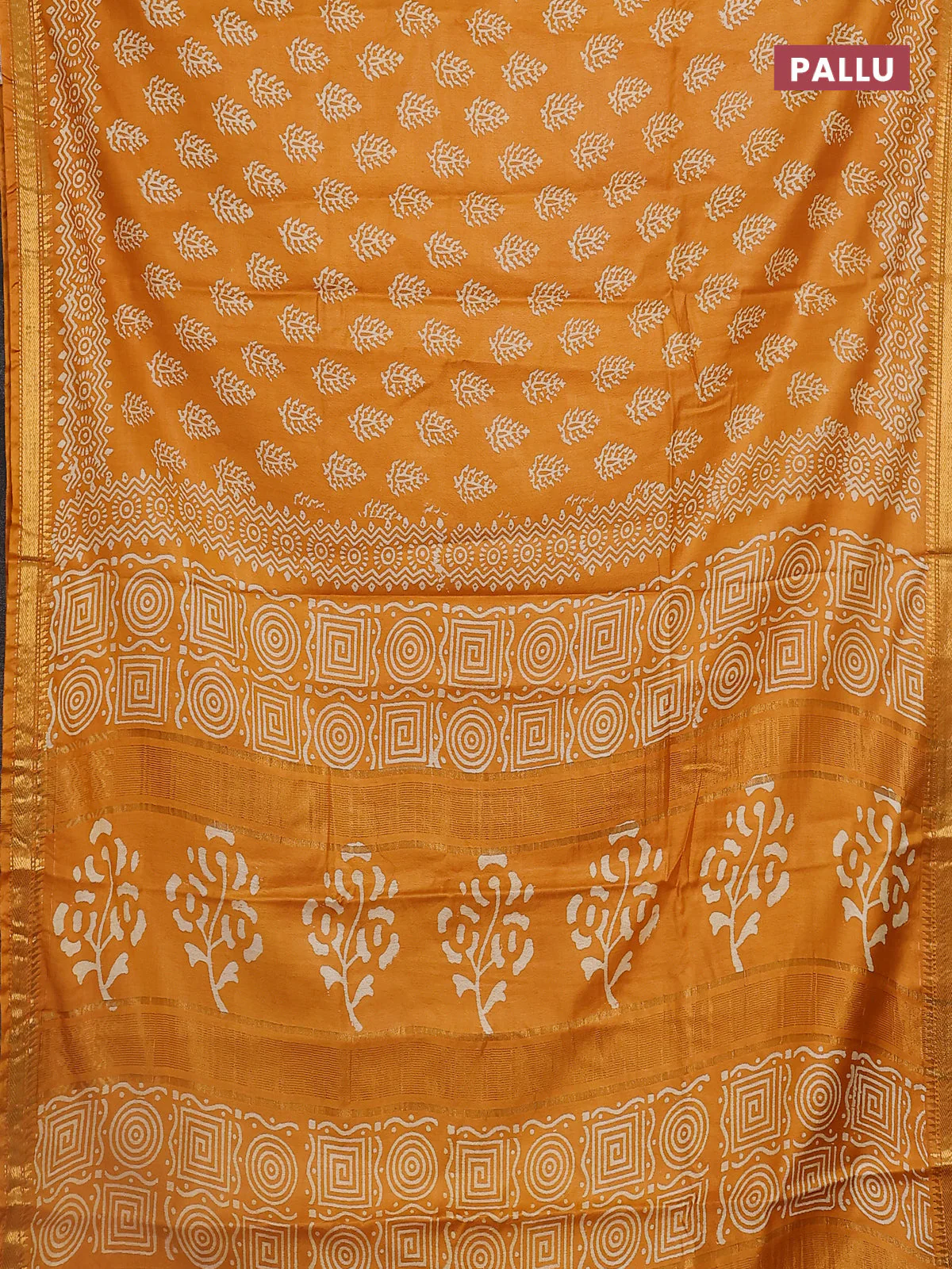 Semi bhagalpuri saree mustard yellow with allover prints and zari woven border - Image 3