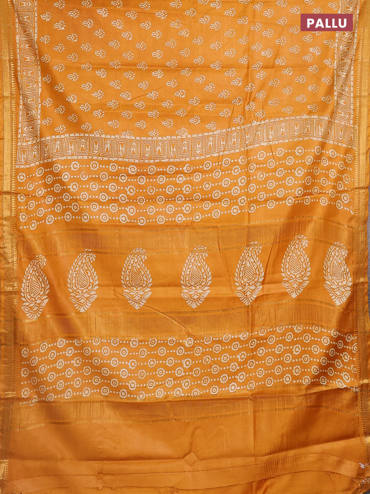 Semi bhagalpuri saree mustard yellow with allover prints and zari woven border - Image 3