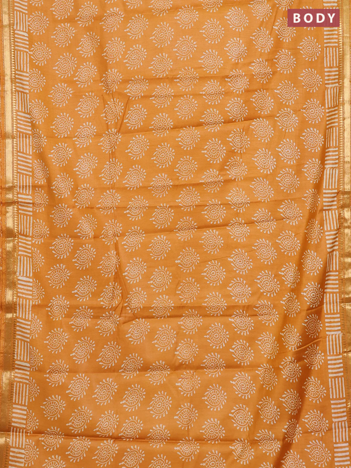 Semi bhagalpuri saree mustard yellow with allover prints and zari woven border - Image 2