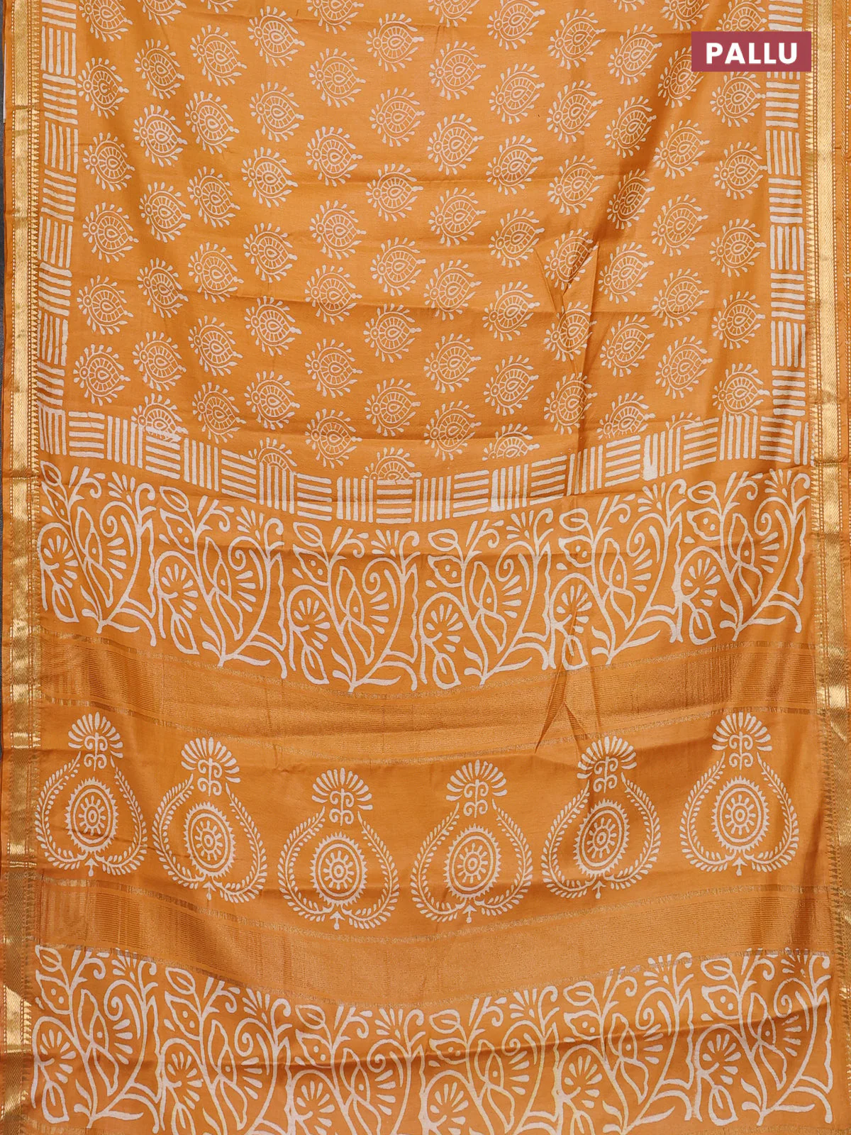 Semi bhagalpuri saree mustard yellow with allover prints and zari woven border - Image 3
