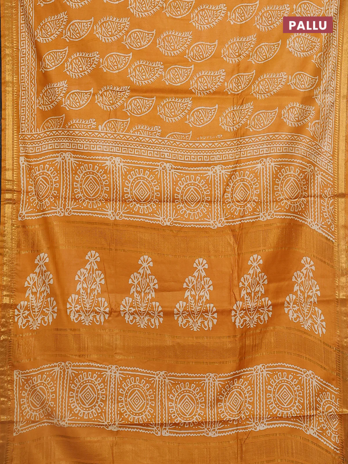 Semi bhagalpuri saree mustard yellow with allover prints and zari woven border - Image 3