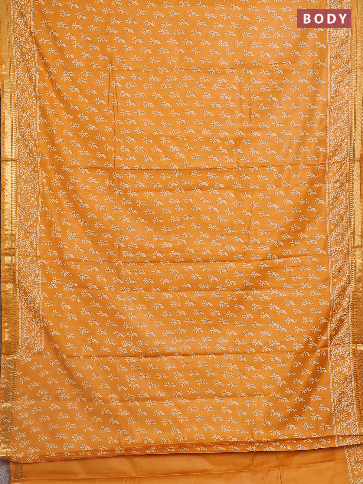 Semi bhagalpuri saree mustard yellow with allover prints and zari woven border - Image 2