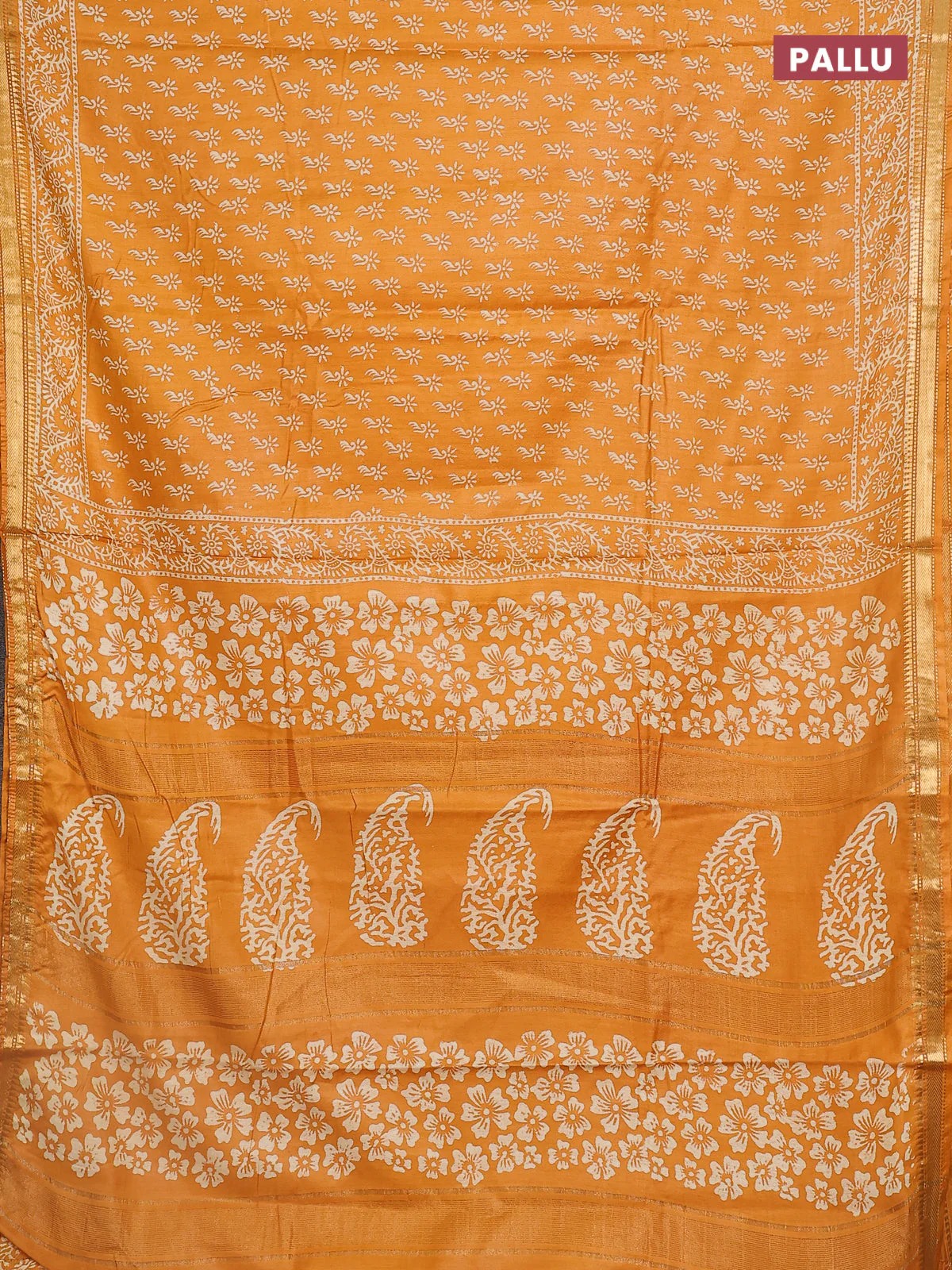 Semi bhagalpuri saree mustard yellow with allover prints and zari woven border - Image 3