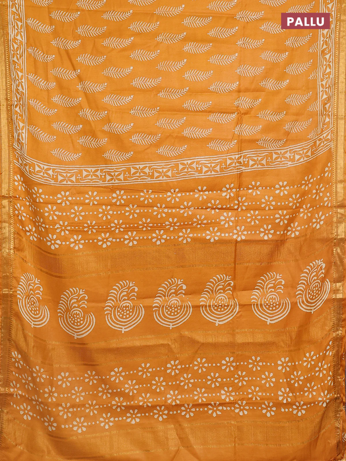 Semi bhagalpuri saree mustard yellow with allover prints and zari woven border - Image 3