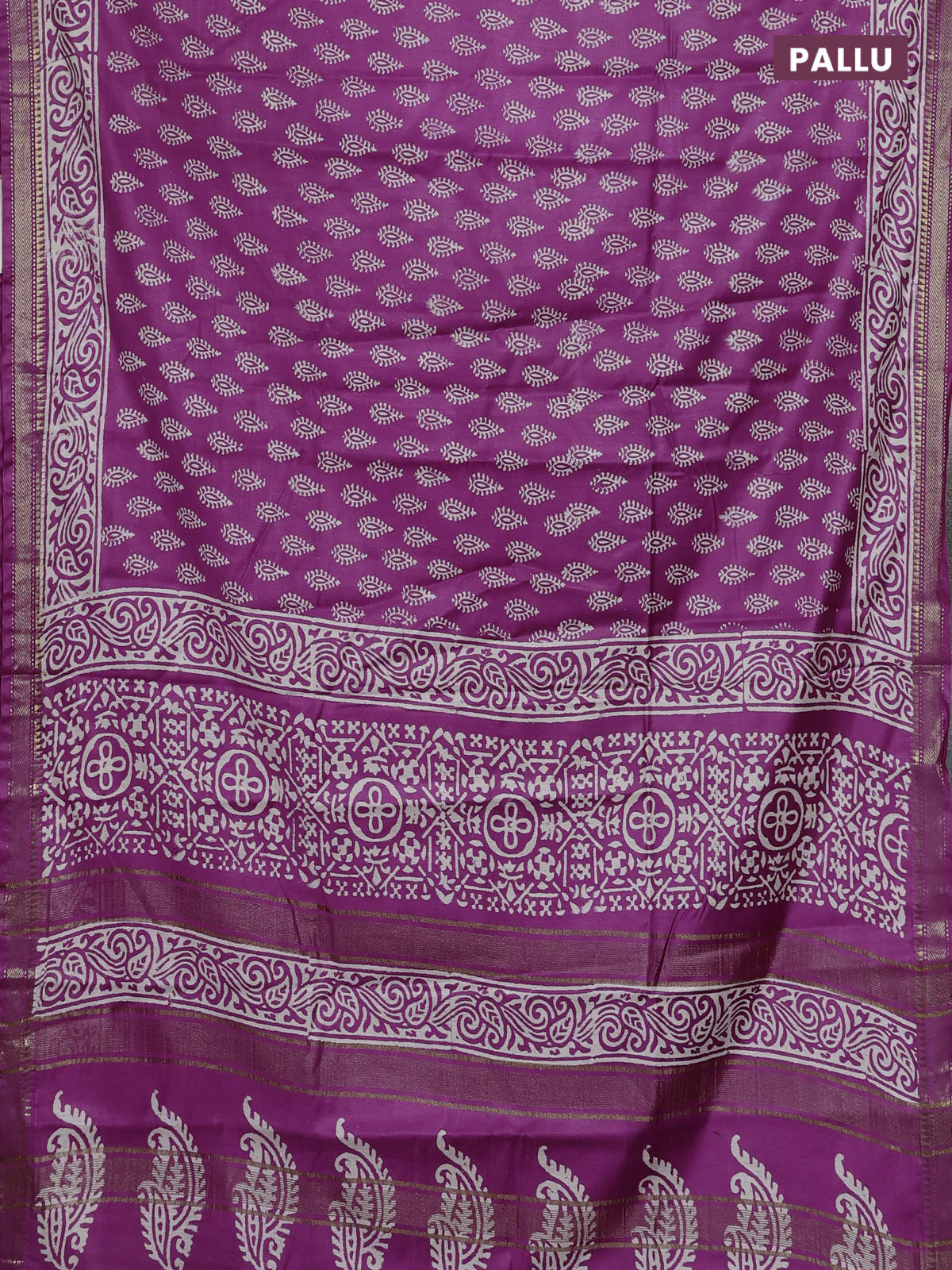 Semi bhagalpuri saree purple with allover prints and zari woven border - Image 3