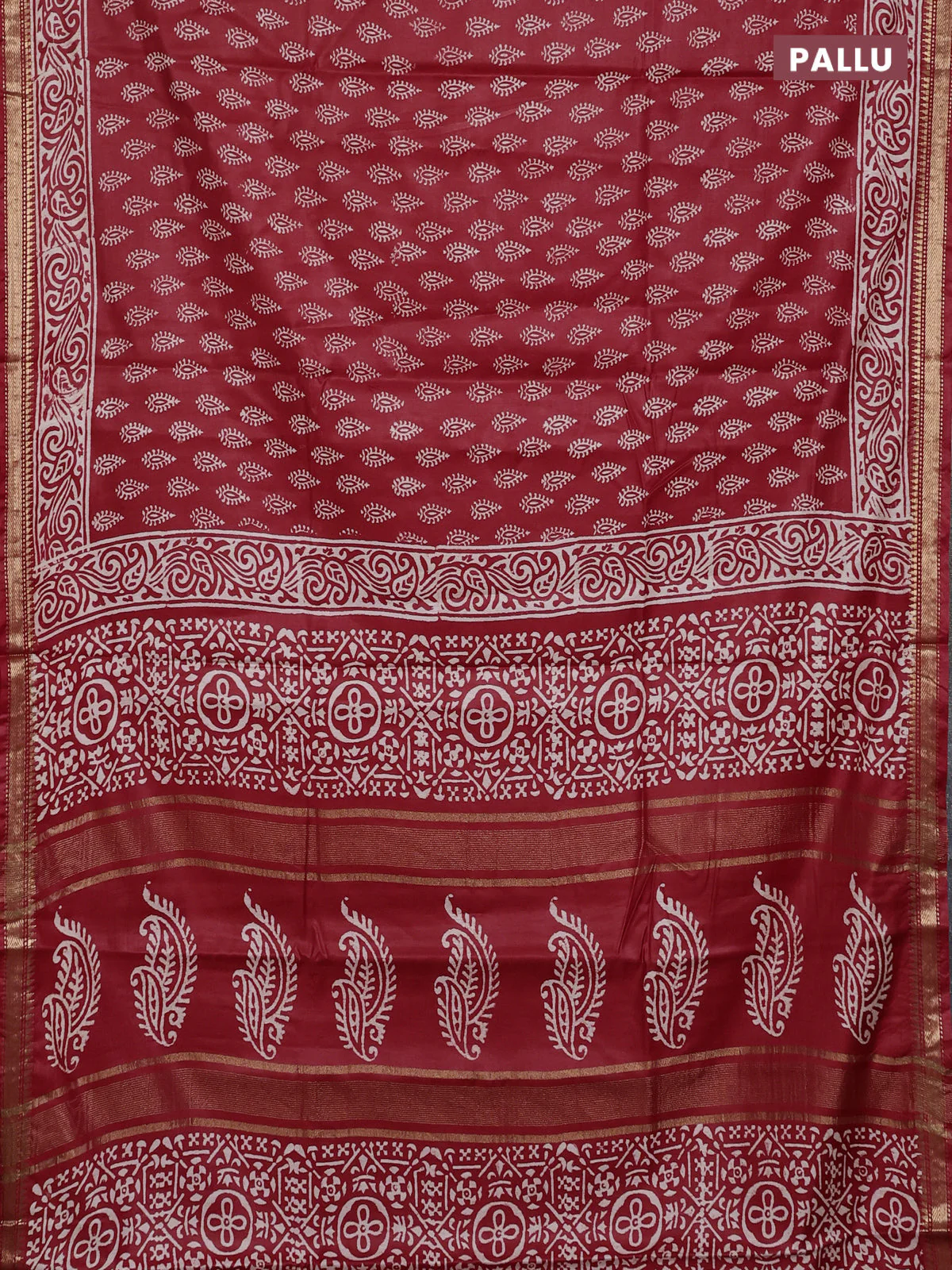 Semi bhagalpuri saree red with allover prints and zari woven border - Image 3