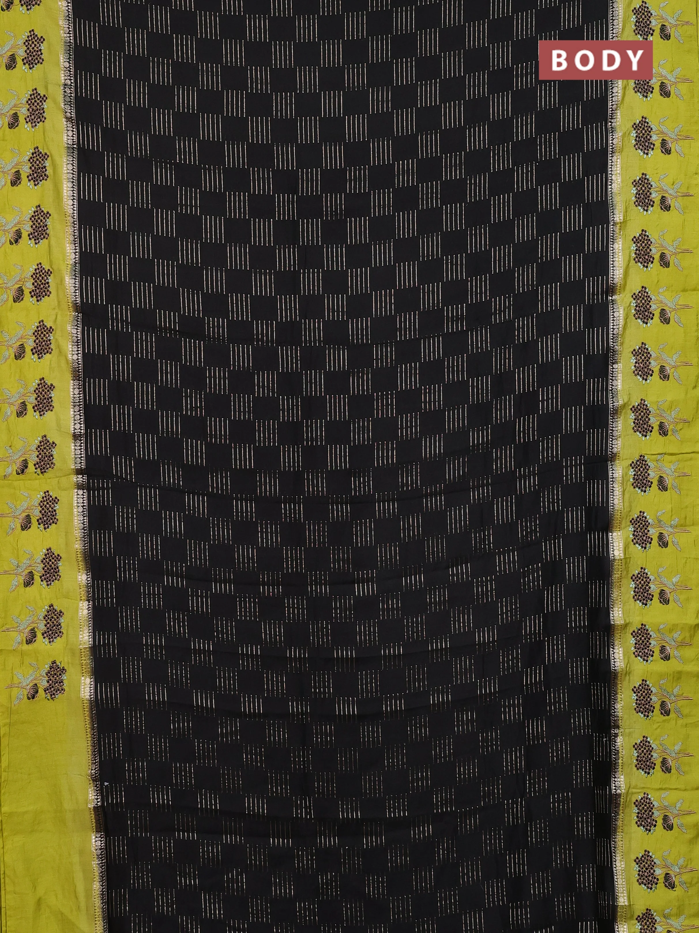 Semi chanderi saree black and light green with allover zari weaves and embroidery border - Image 2