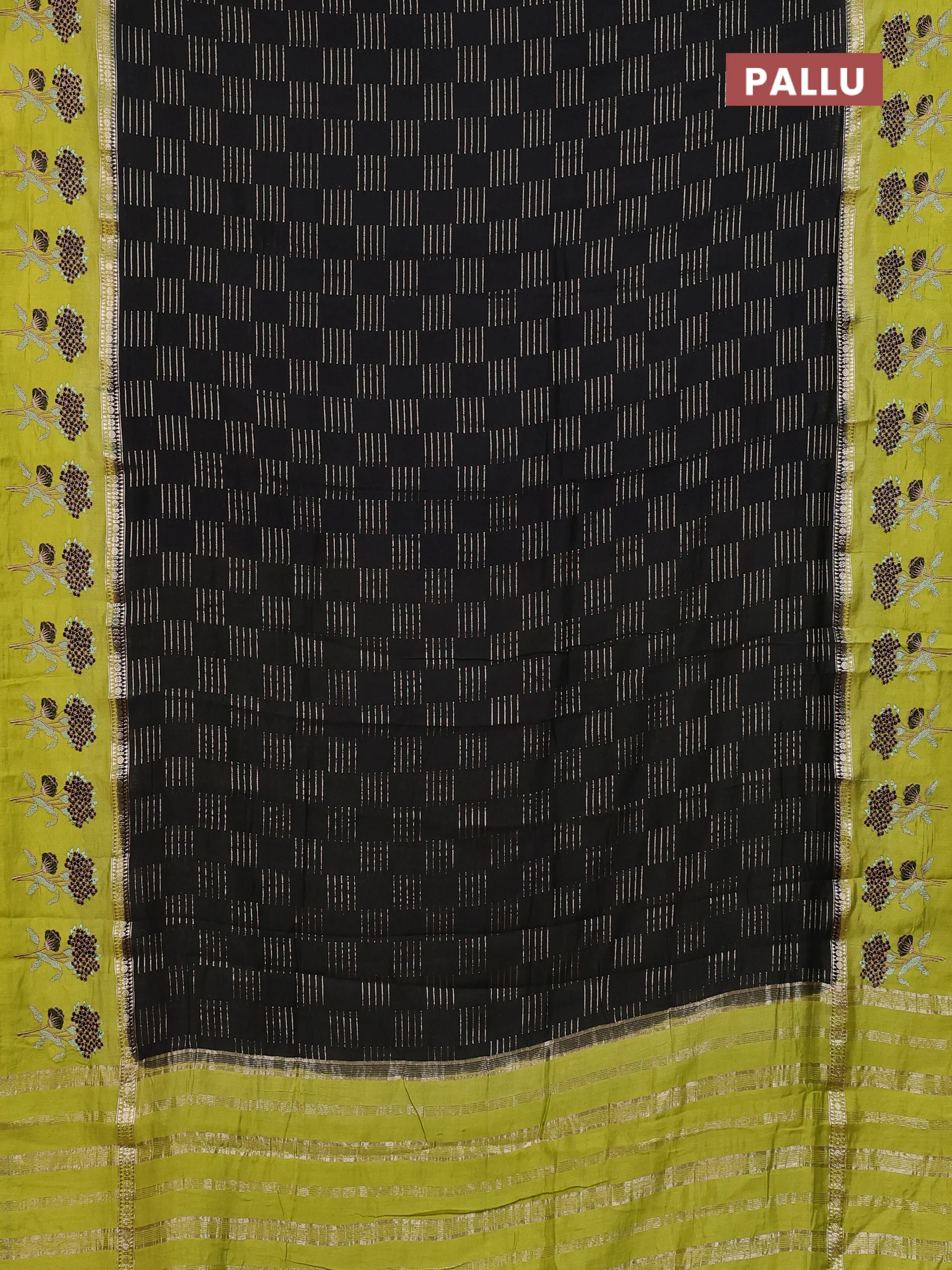 Semi chanderi saree black and light green with allover zari weaves and embroidery border - Image 3