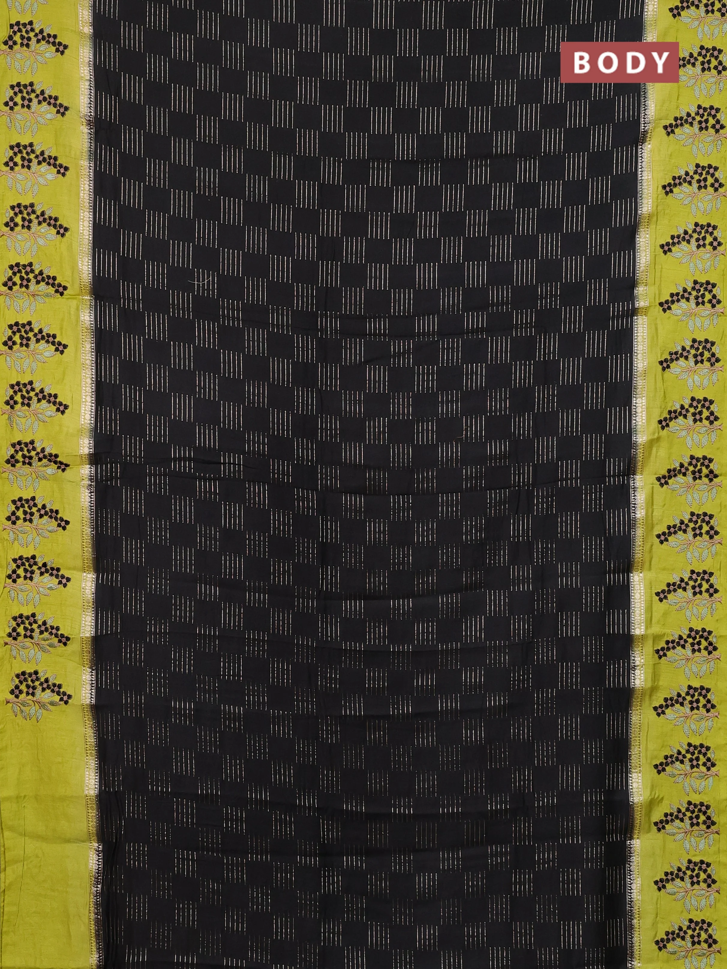 Semi chanderi saree black and lime green with allover zari weaves and embroidery border - Image 2