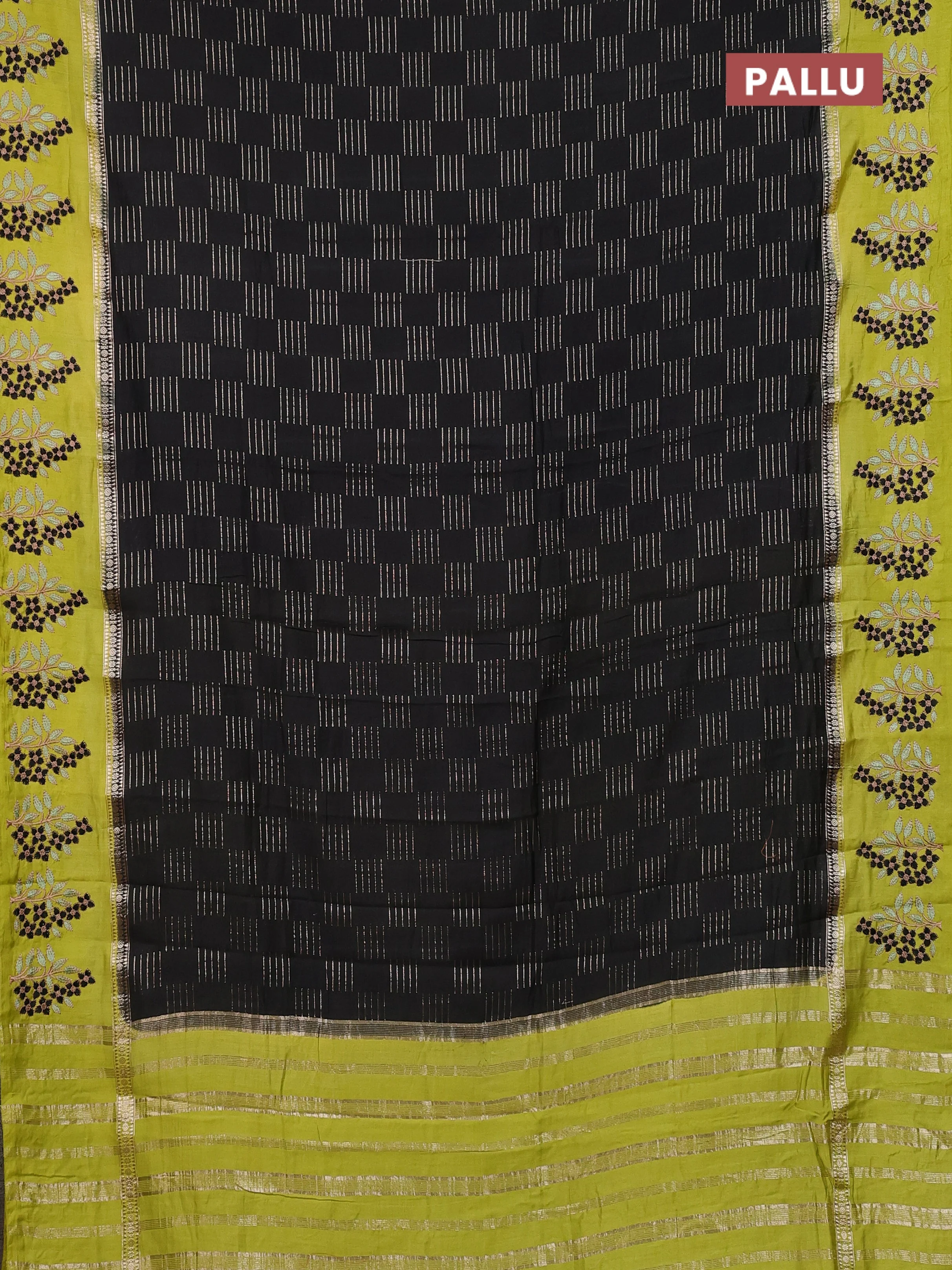 Semi chanderi saree black and lime green with allover zari weaves and embroidery border - Image 3