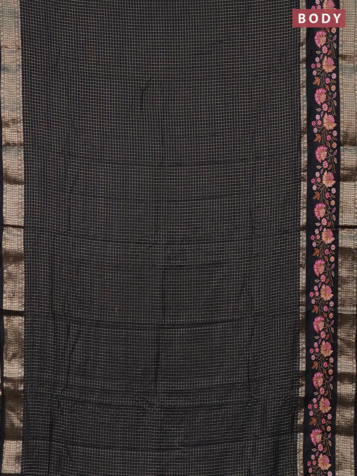 Semi chanderi saree black with allover zari checked pattern and floral embroidery border - Image 2