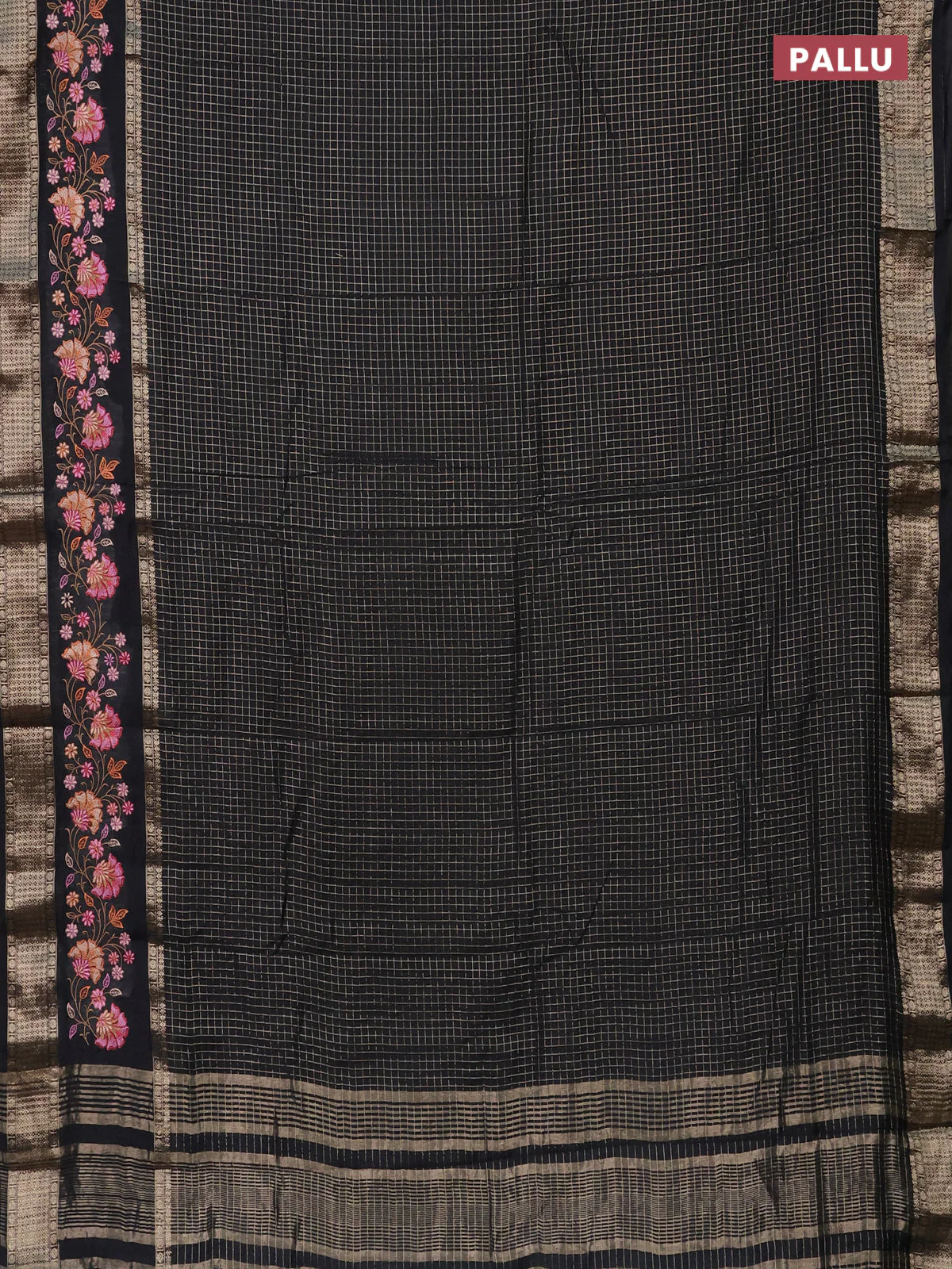 Semi chanderi saree black with allover zari checked pattern and floral embroidery border - Image 3