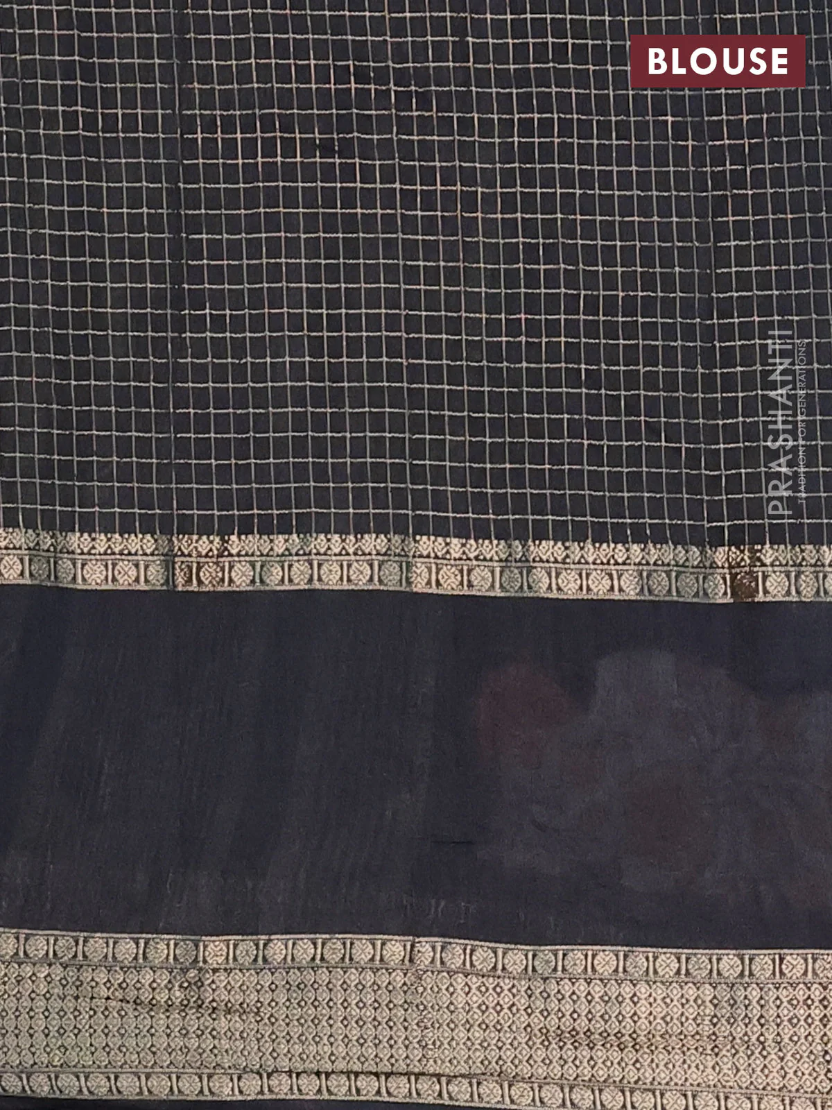 Semi chanderi saree black with allover zari checked pattern and floral embroidery border - Image 4