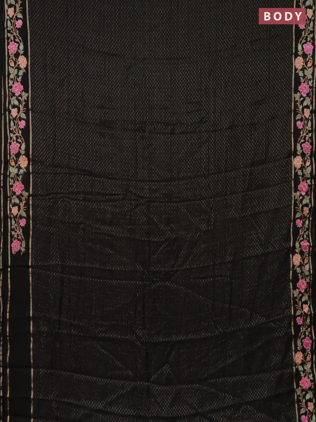 Semi chanderi saree black with allover zari weaves and floral embroidery border - Image 2