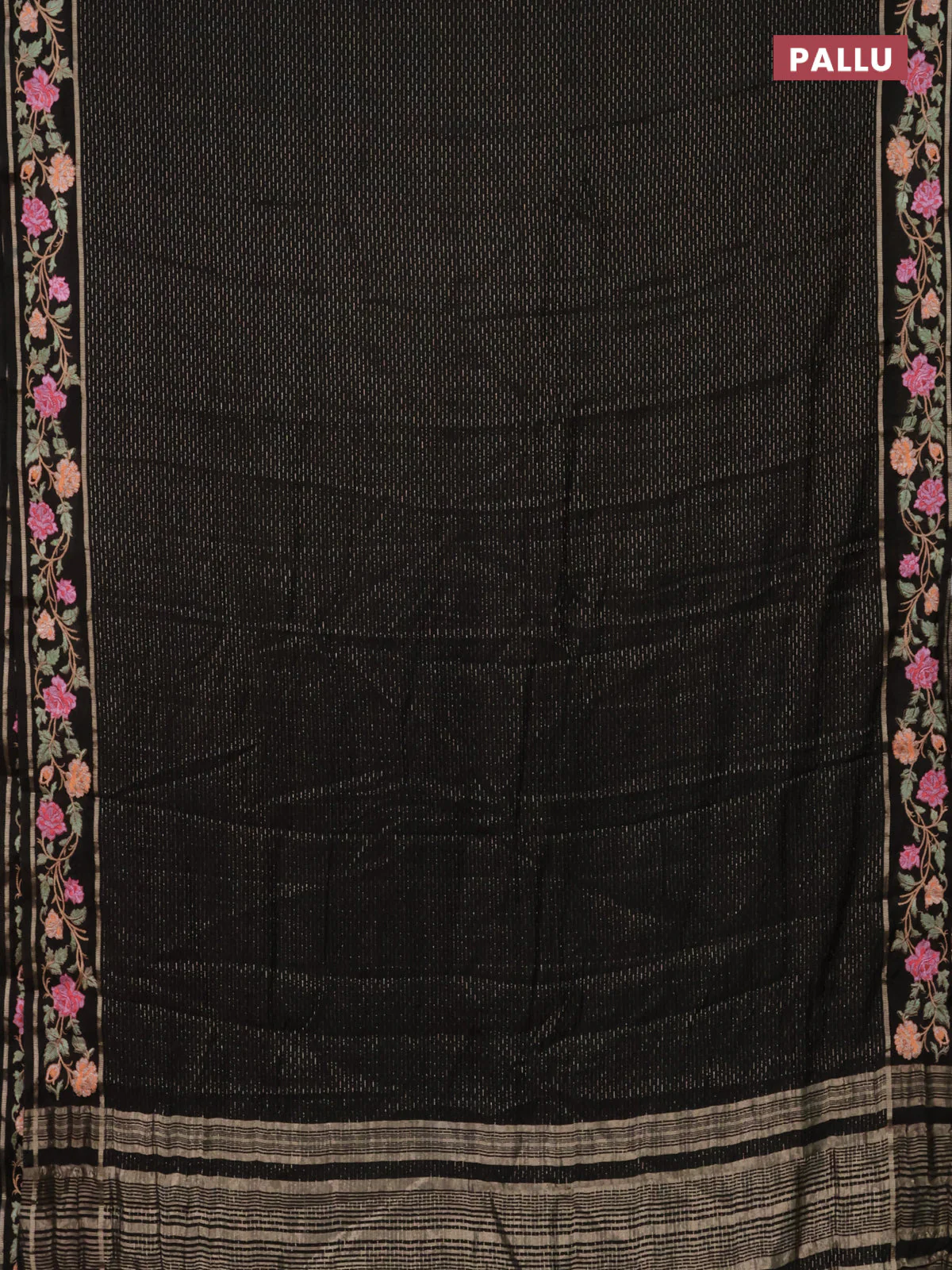 Semi chanderi saree black with allover zari weaves and floral embroidery border - Image 3