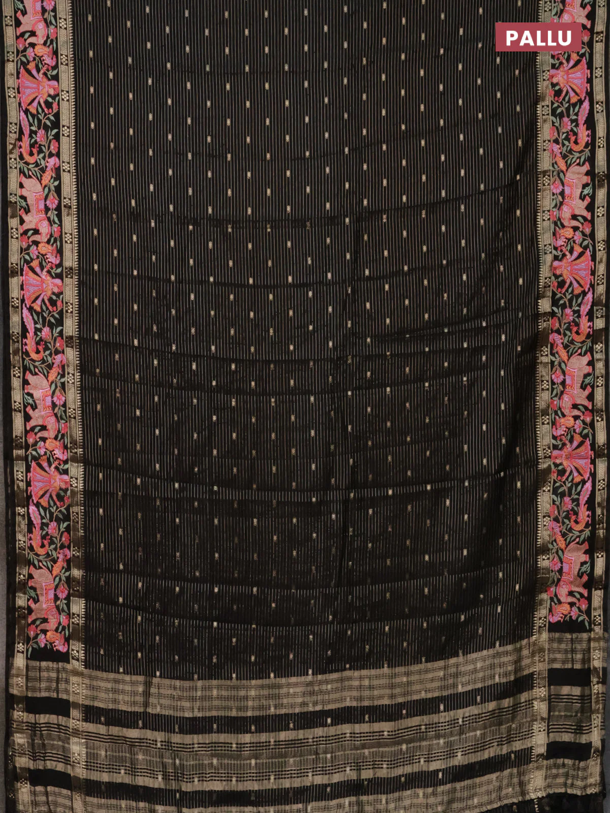 Semi chanderi saree black with allover zari weaves & buttas and embroidery border - Image 3