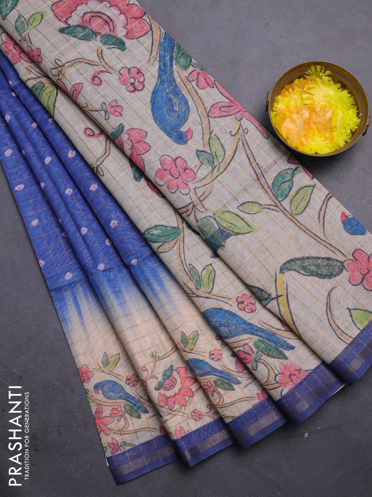 Semi chanderi saree blue and beige with allover zari woven checked pattern & bandhani prints and printed pallu