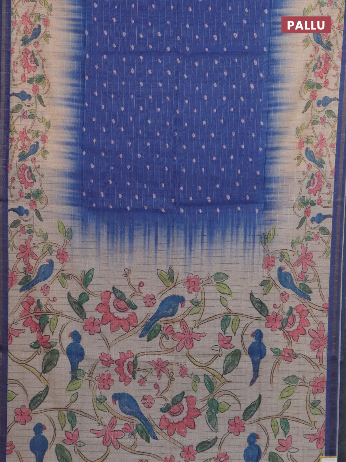 Semi chanderi saree blue and beige with allover zari woven checked pattern & bandhani prints and printed pallu - Image 3