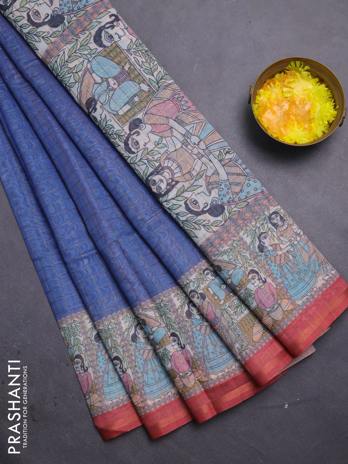 Semi chanderi saree blue and maroon shade with allover zari woven checked pattern and madhubani printed pallu