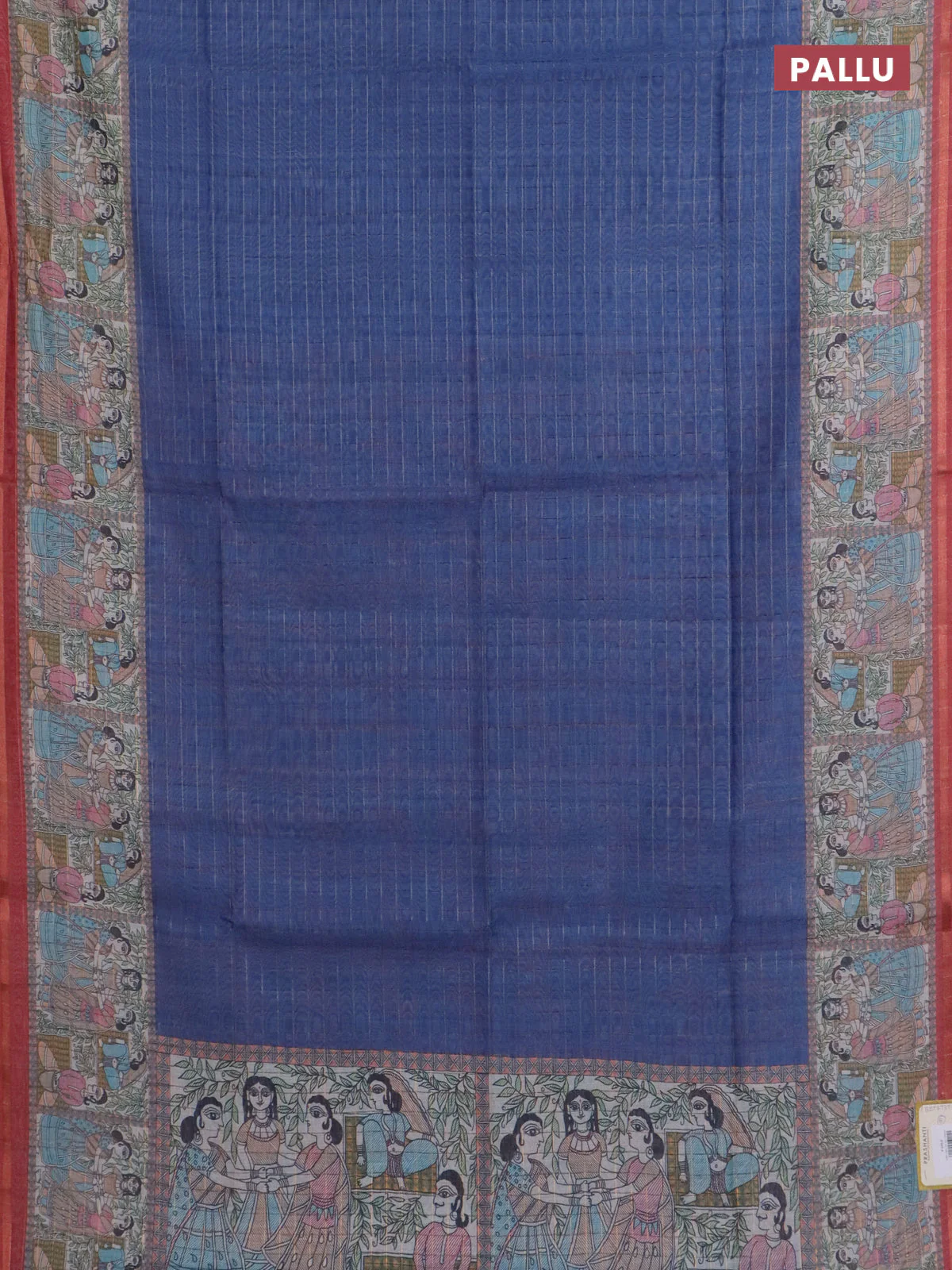 Semi chanderi saree blue and maroon shade with allover zari woven checked pattern and madhubani printed pallu - Image 3