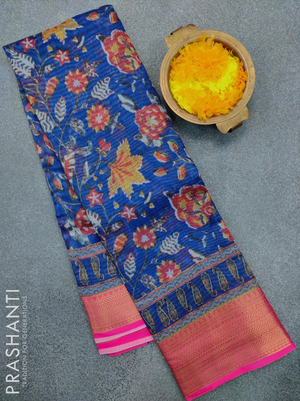 Semi chanderi saree blue and pink with allover prints and banarasi style border