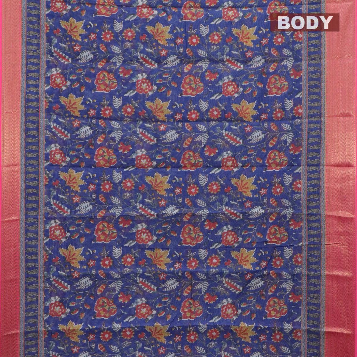 Semi chanderi saree blue and pink with allover prints and banarasi style border - Image 2