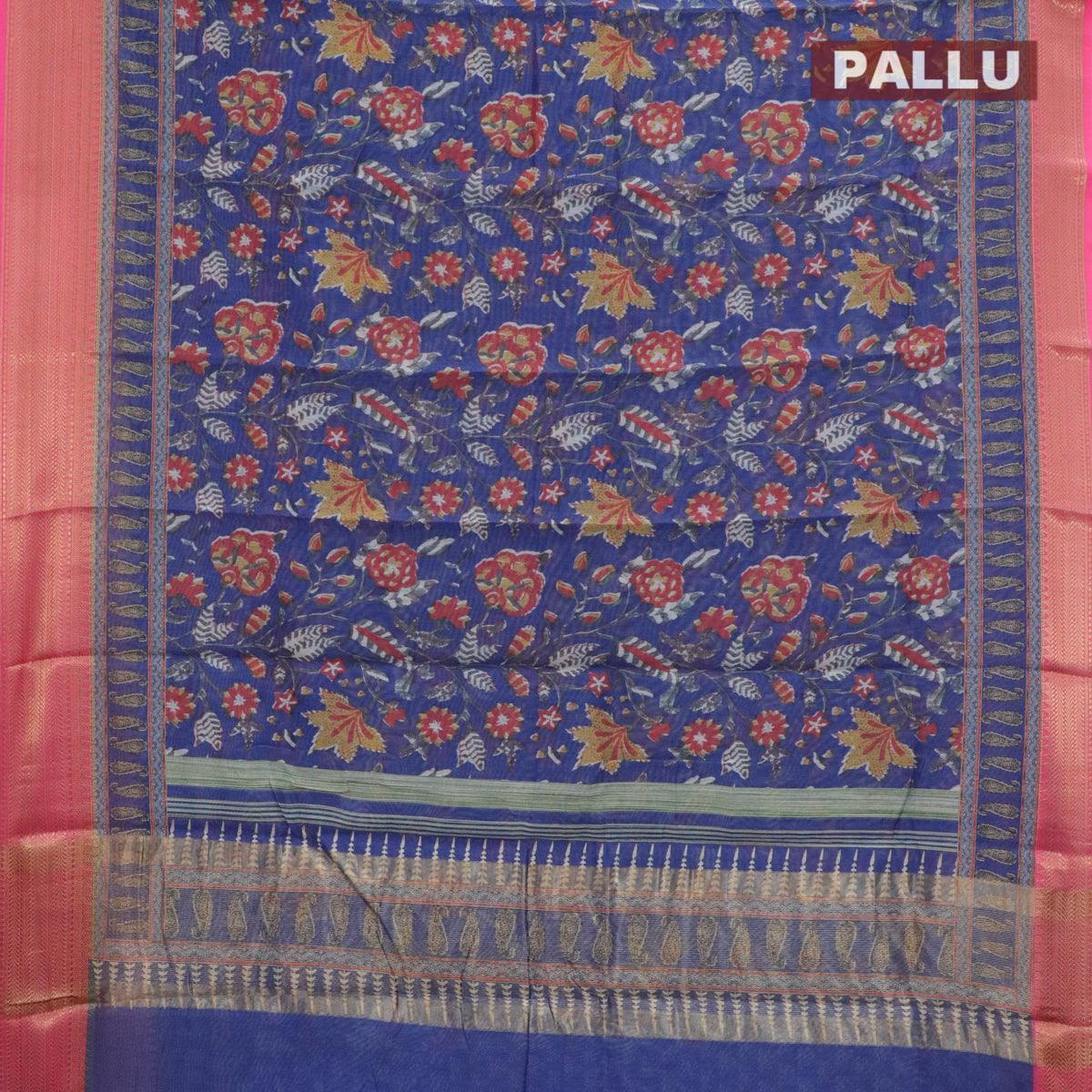 Semi chanderi saree blue and pink with allover prints and banarasi style border - Image 3