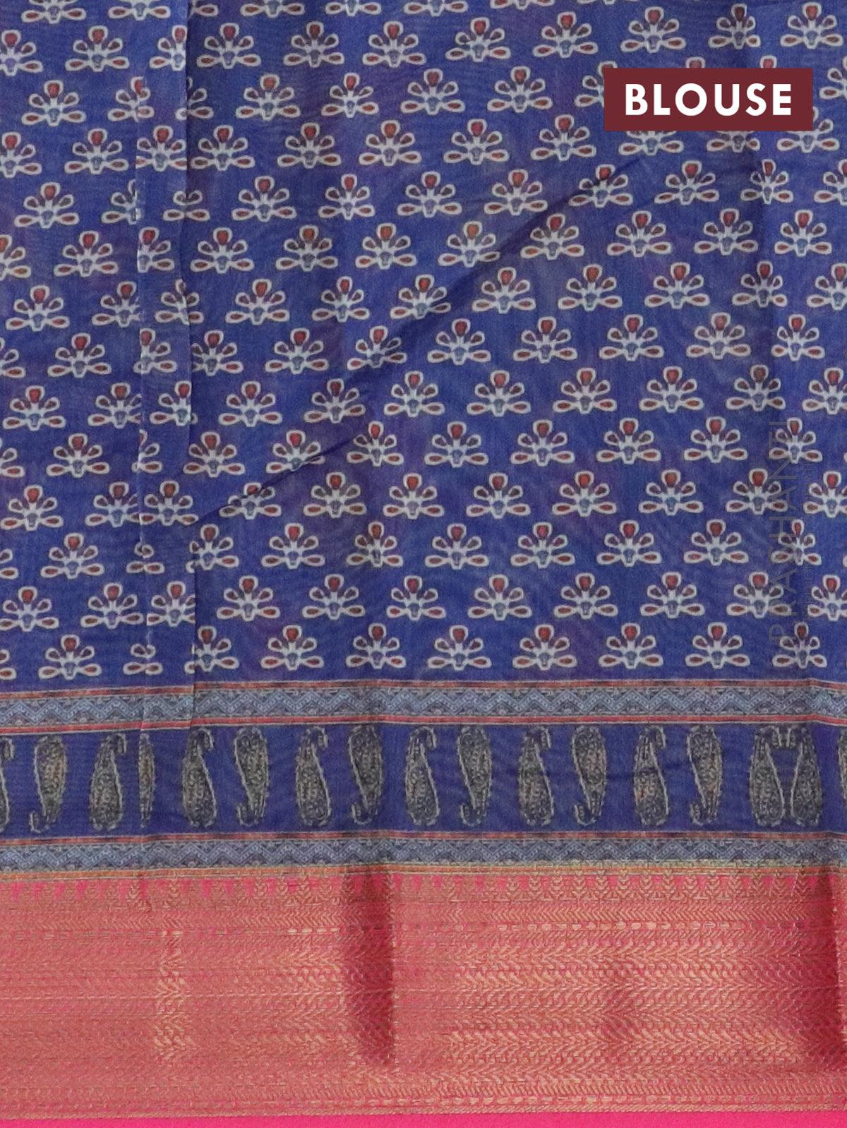 Semi chanderi saree blue and pink with allover prints and banarasi style border - Image 4
